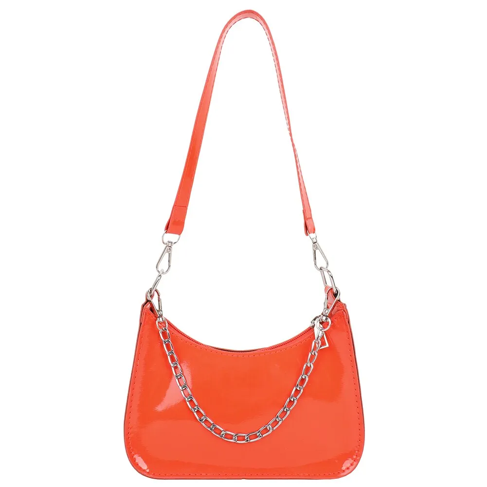 Fashion Women Chain Shoulder Bags Casual All-match Underarm Hobos Bag Ladies Pure Color Patent PU Leather Small Handbags Purse