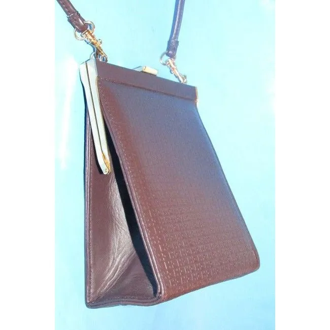 Halston Vintage Two Way Hinged Closure Brown Embossed H Logo Print Leather With Bold Gold Hardware Clutch