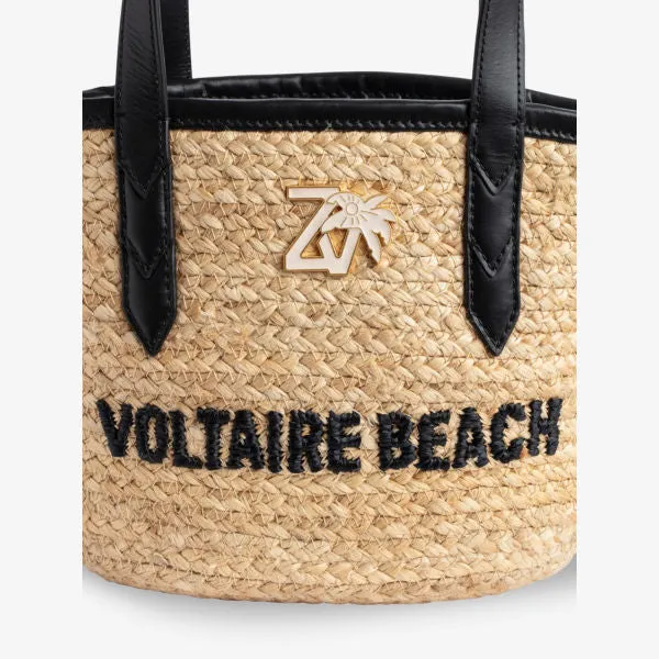 Jute tote bag with embroidered slogan and leather strap Zadig&Voltaire, color noir