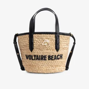 Jute tote bag with embroidered slogan and leather strap Zadig&Voltaire, color noir