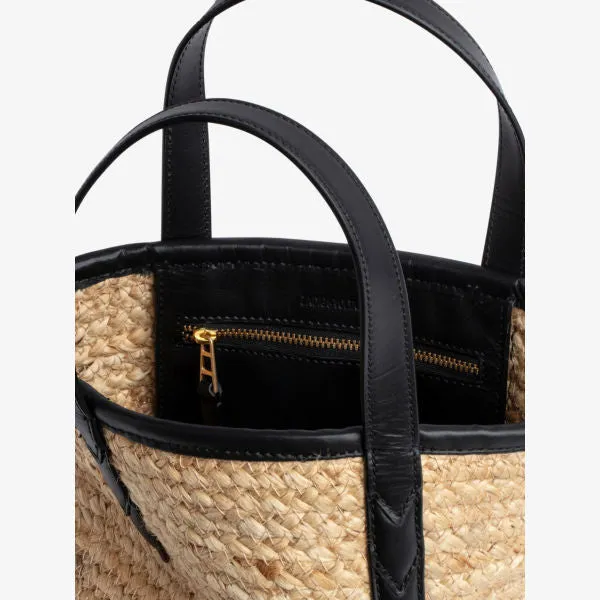 Jute tote bag with embroidered slogan and leather strap Zadig&Voltaire, color noir