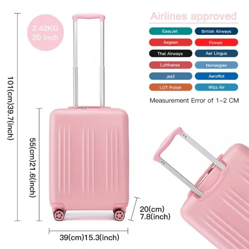 Kono 20 Inch Pink Carry-On Suitcase - Durable ABS PC, Spinner Wheels, TSA Lock