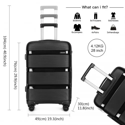 Kono 28" Hard Shell PP Suitcase - Black | Lightweight Durable Travel Luggage with TSA Lock & 360° Wheels
