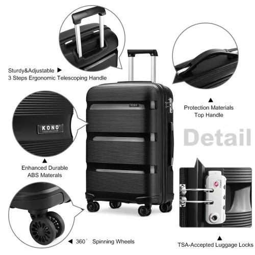 Kono 28" Hard Shell PP Suitcase - Black | Lightweight Durable Travel Luggage with TSA Lock & 360° Wheels