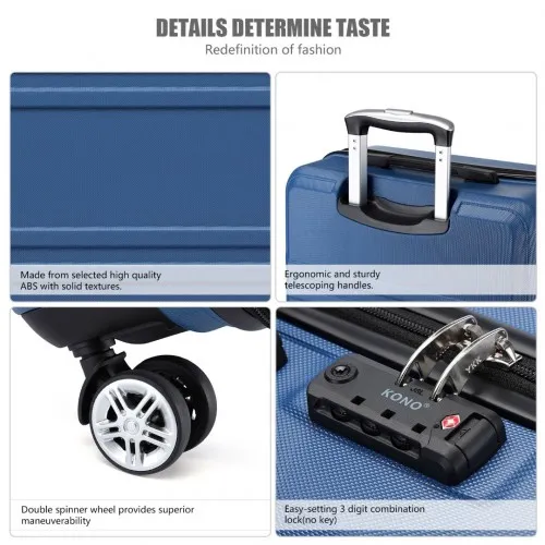 Kono ABS Sculpted Horizontal Design 24 Inch Suitcase - Navy Blue | Lightweight & Durable Travel Luggage
