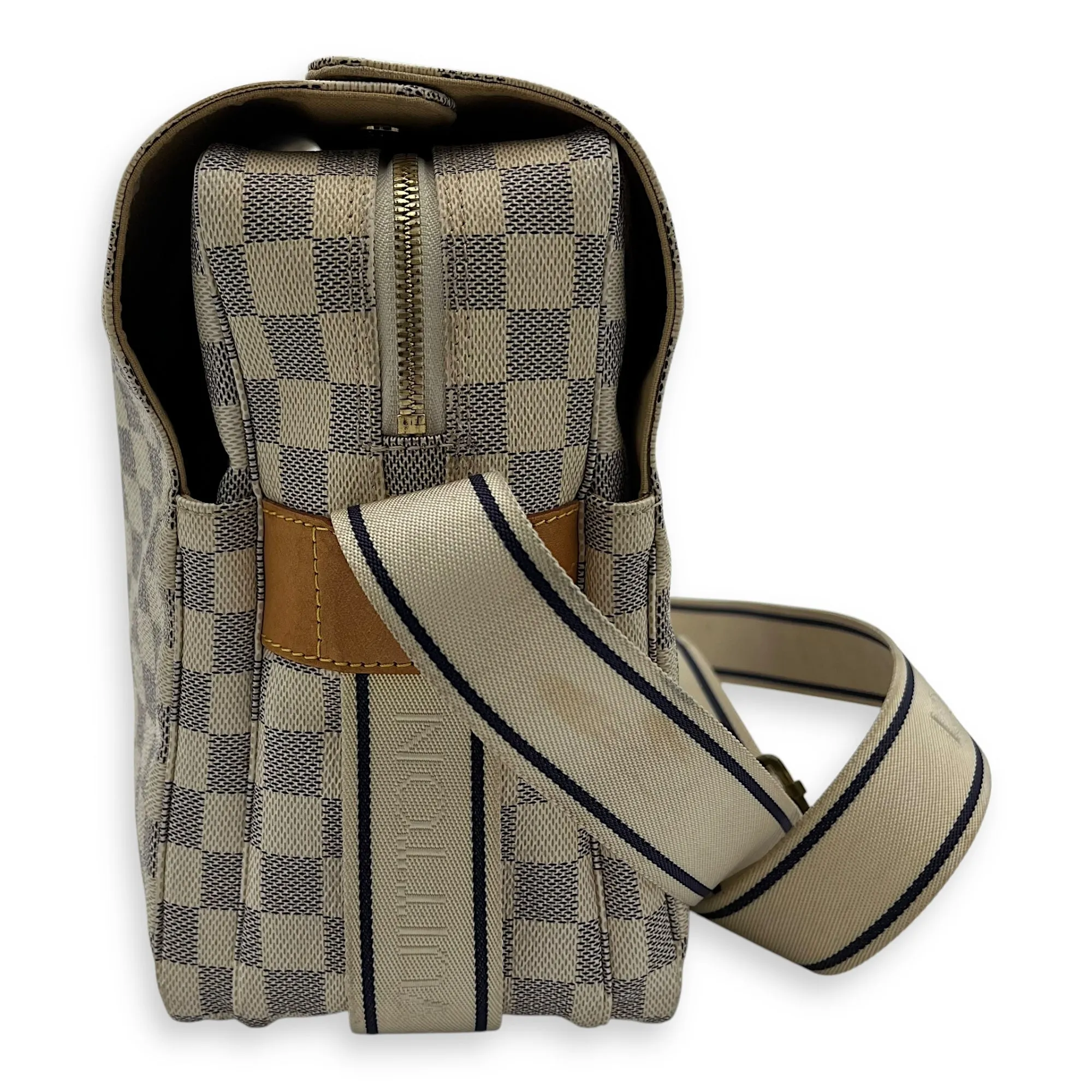 Naviglio Medium Damier Azur Crossbody Bag in Coated Canvas, Gold hardware