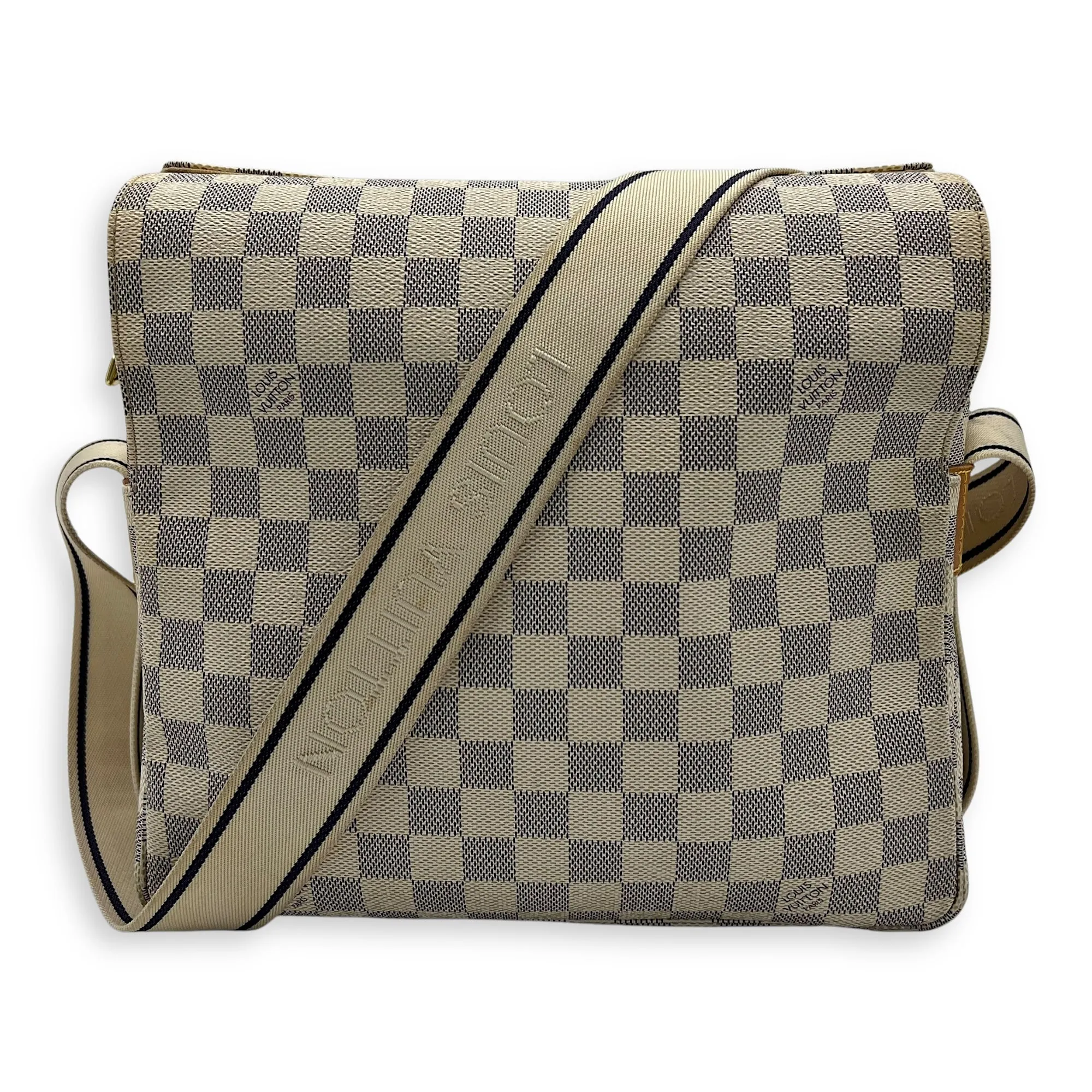 Naviglio Medium Damier Azur Crossbody Bag in Coated Canvas, Gold hardware