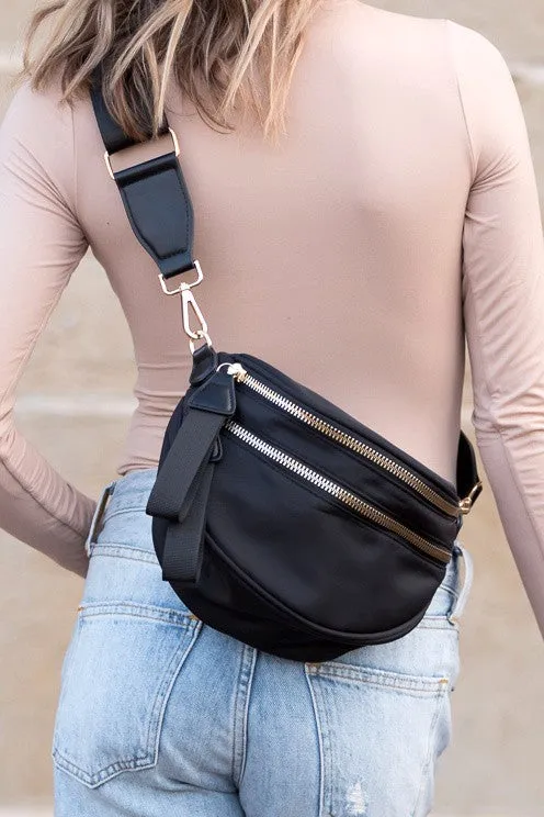 Nylon Crescent Sling Bag with Dual Zippers and Adjustable Strap