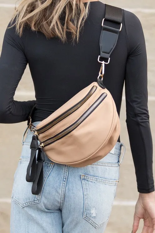 Nylon Crescent Sling Bag with Dual Zippers and Adjustable Strap