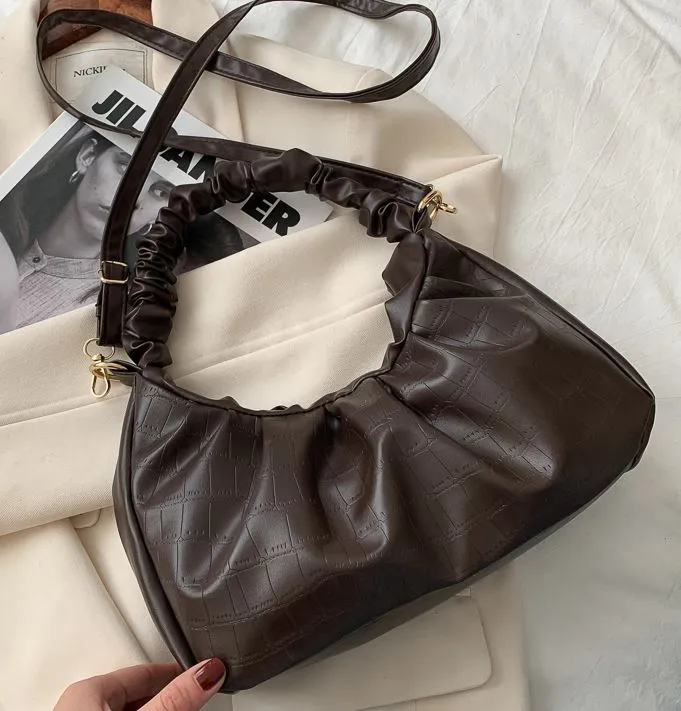 PB142 Brown Crocodile Scrunched Handle Purse