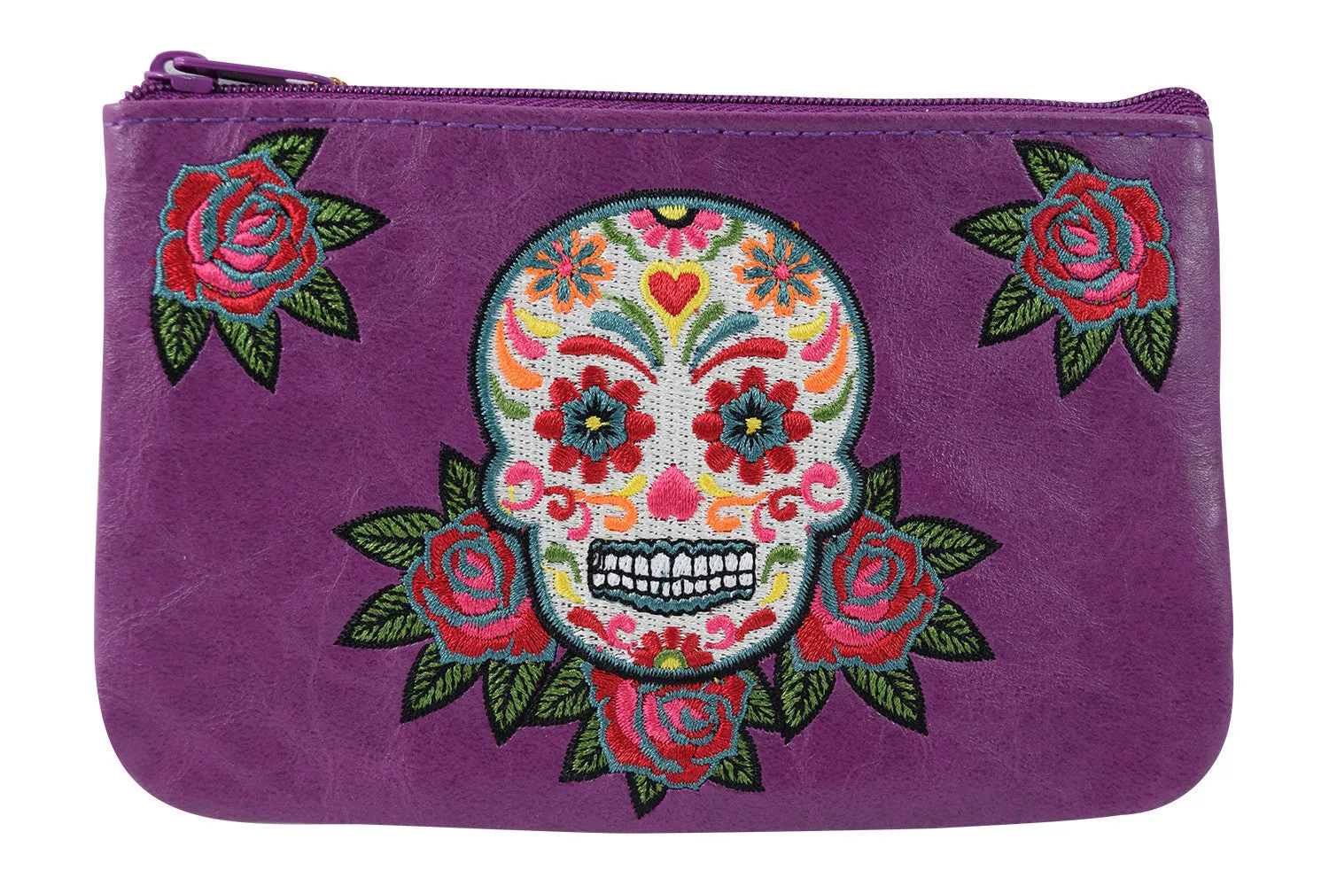 Rockabilly Rose & Sugar Skull Embroidered Small Flat Pouch