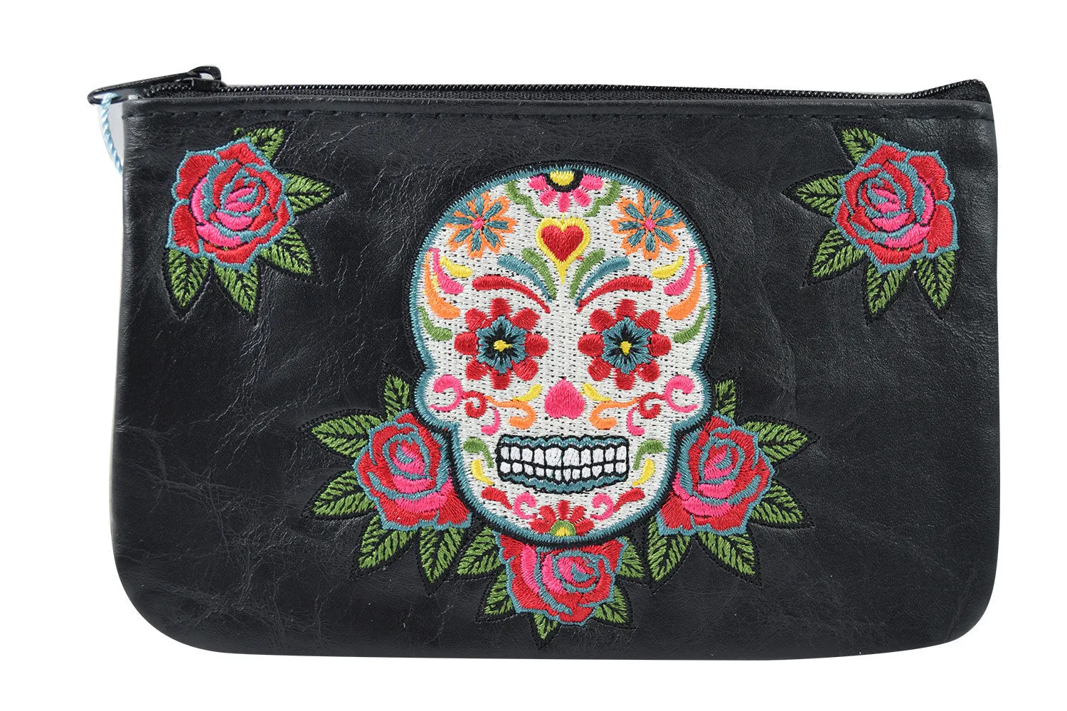 Rockabilly Rose & Sugar Skull Embroidered Small Flat Pouch