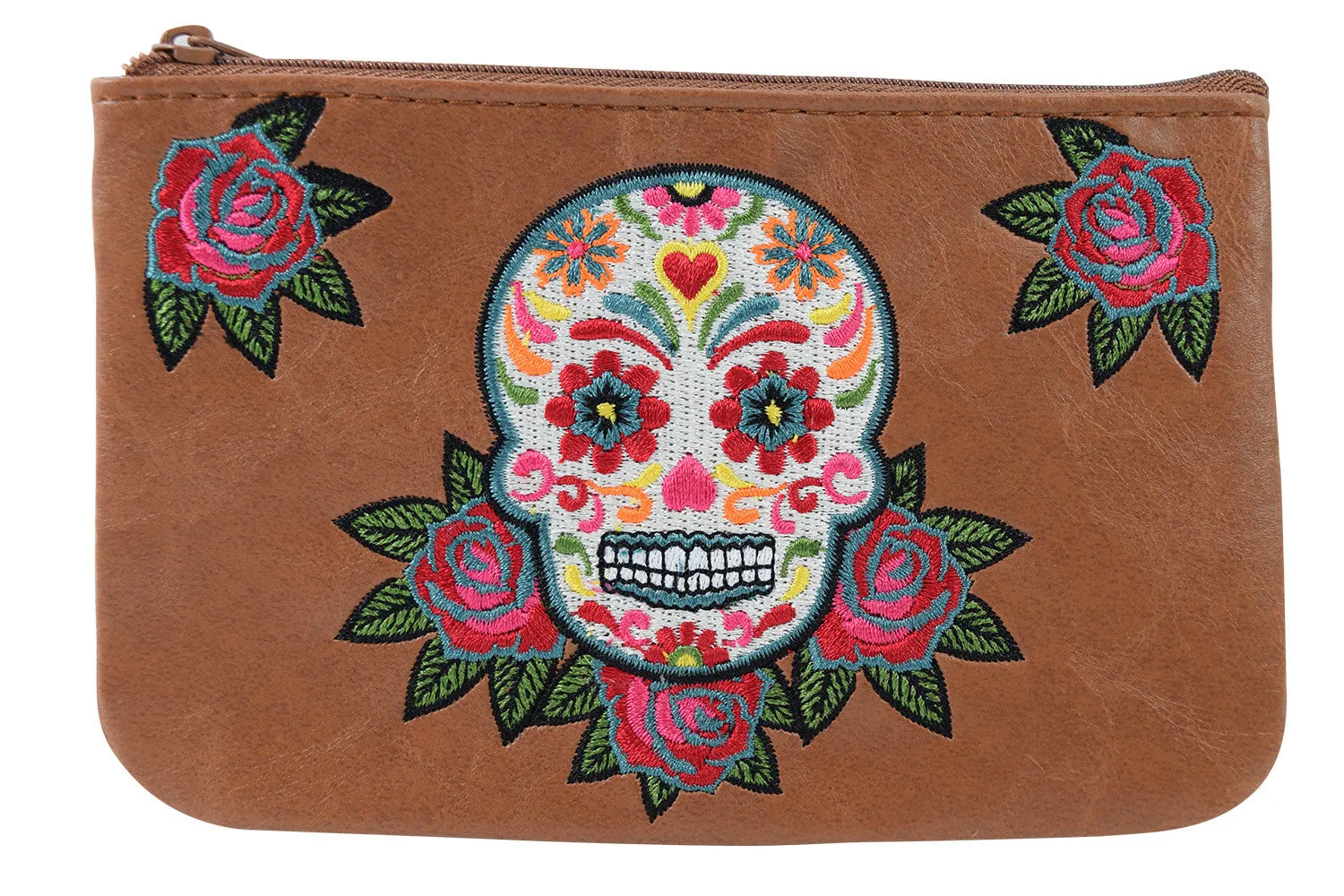Rockabilly Rose & Sugar Skull Embroidered Small Flat Pouch