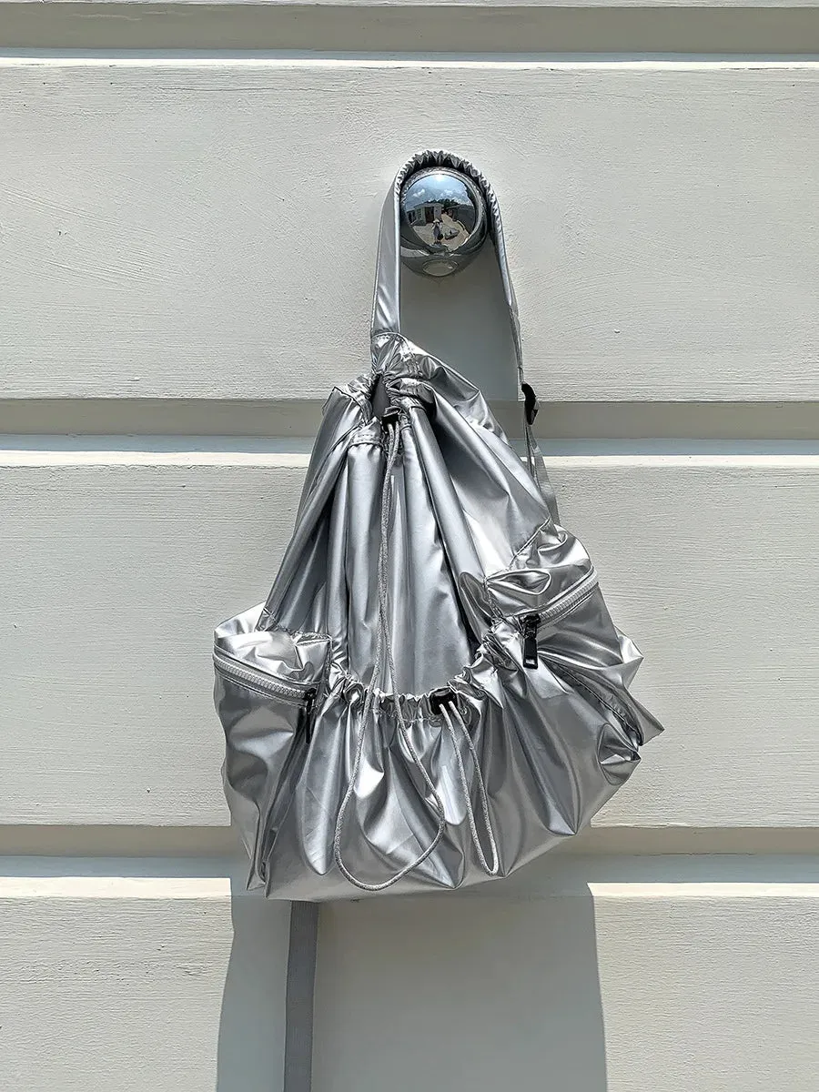 Silver Drawstring Back Pack Big PU Leather Korean Fashion Backpack for Women School Bags for Teenagers Girls