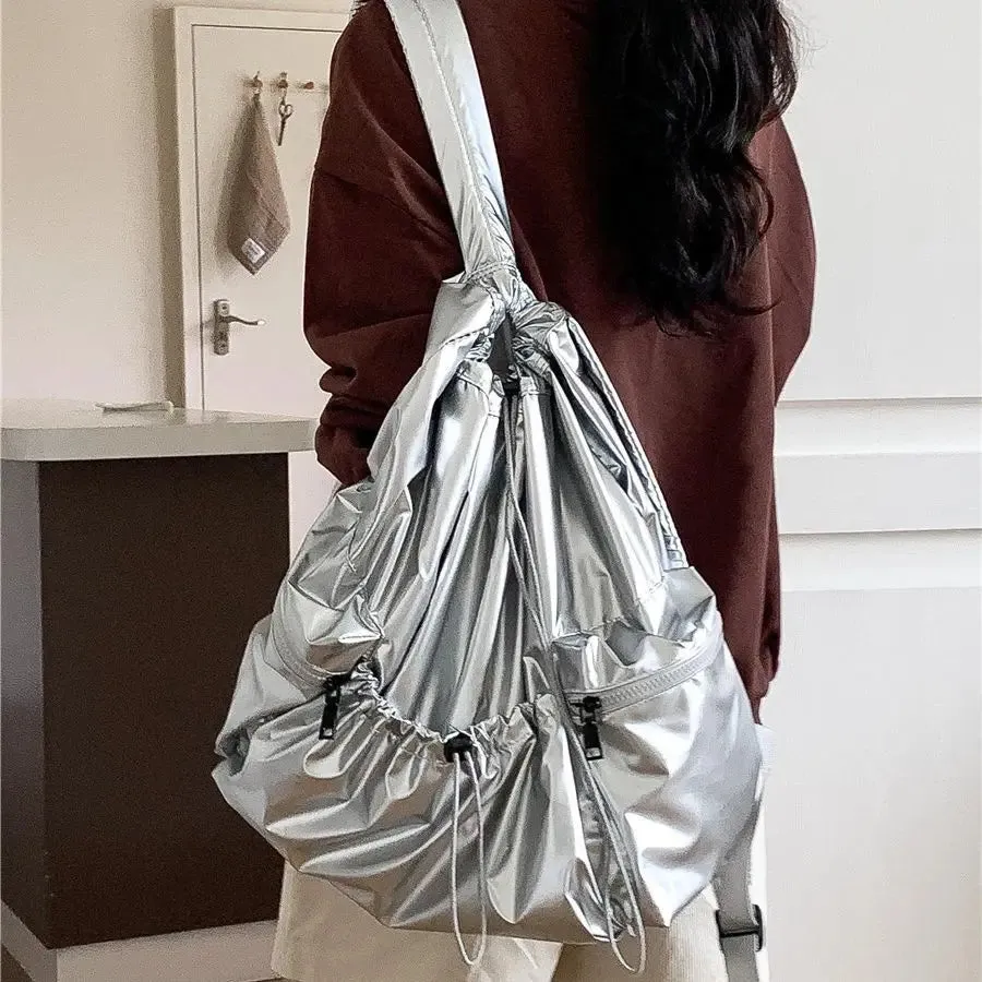 Silver Drawstring Back Pack Big PU Leather Korean Fashion Backpack for Women School Bags for Teenagers Girls