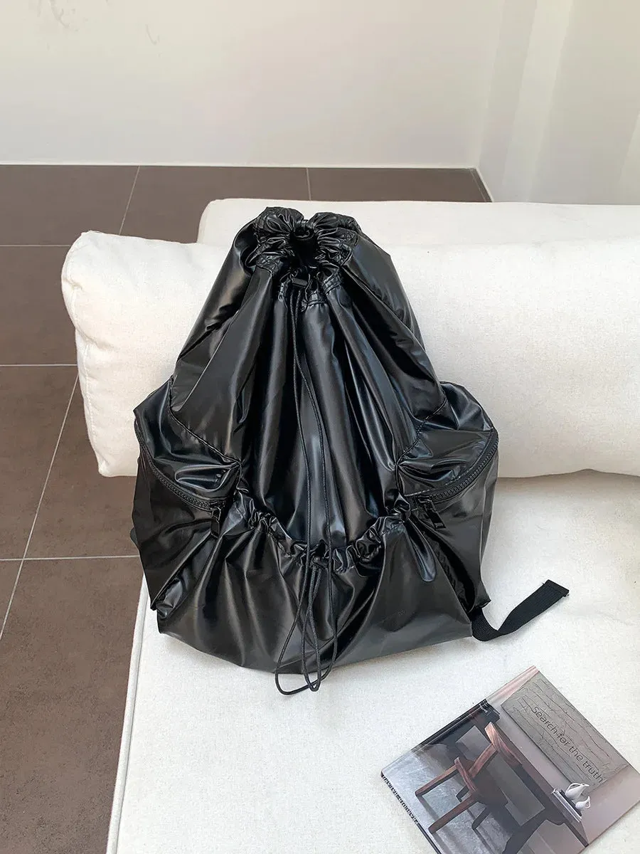 Silver Drawstring Back Pack Big PU Leather Korean Fashion Backpack for Women School Bags for Teenagers Girls