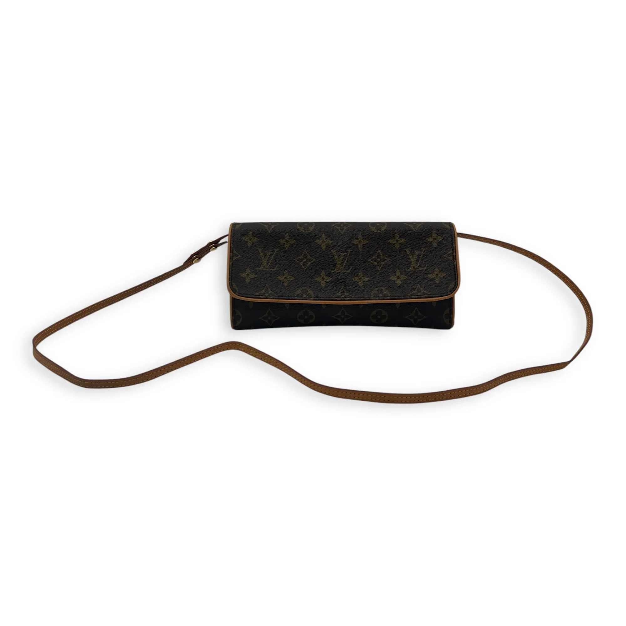 Twin Pochette Brown Crossbody Bag in Monogram Coated Canvas, Gold hardware