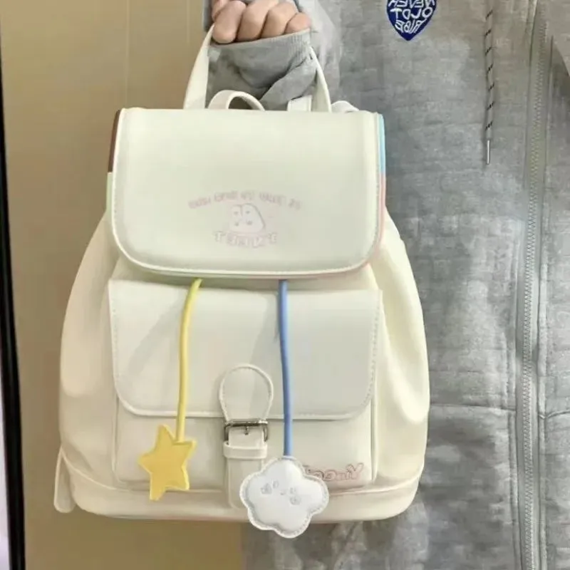 UAKISS  -   Cute Womens Backpack Leather White Small Students Aesthetic Bags Korean Designer New Fashion Youth Female Casual Backpacks