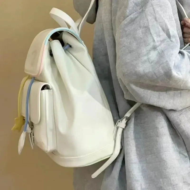 UAKISS  -   Cute Womens Backpack Leather White Small Students Aesthetic Bags Korean Designer New Fashion Youth Female Casual Backpacks