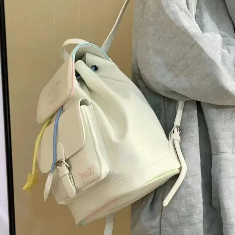 UAKISS  -   Cute Womens Backpack Leather White Small Students Aesthetic Bags Korean Designer New Fashion Youth Female Casual Backpacks