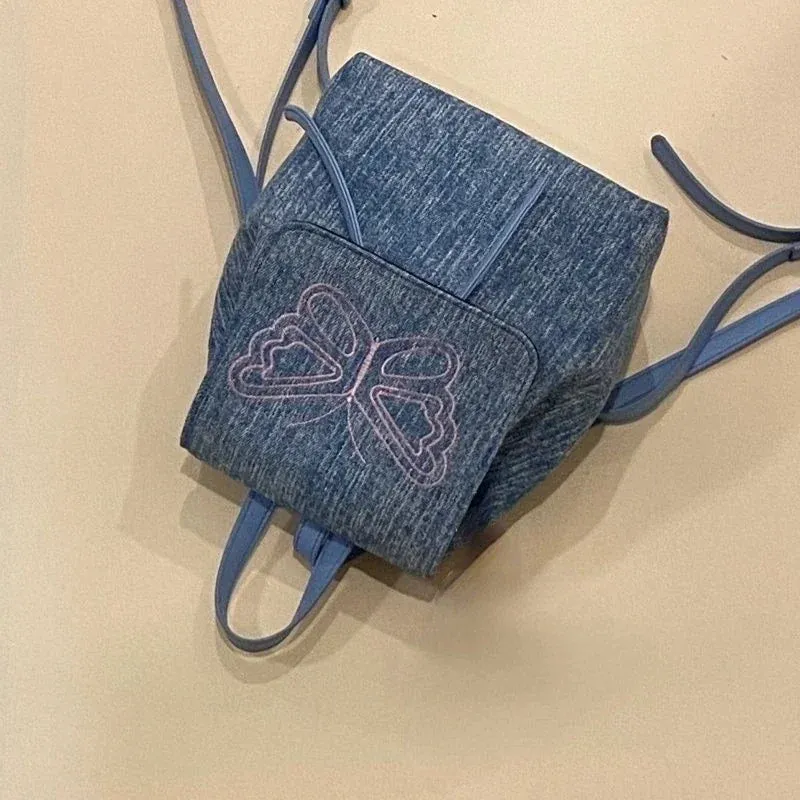 UAKISS  -  Denim Butterfly Y2k Aesthetic Backpack Vintage Japanese Preppy Sweet Schoolbags Women Students Casual Kawaii All Match Backpacks