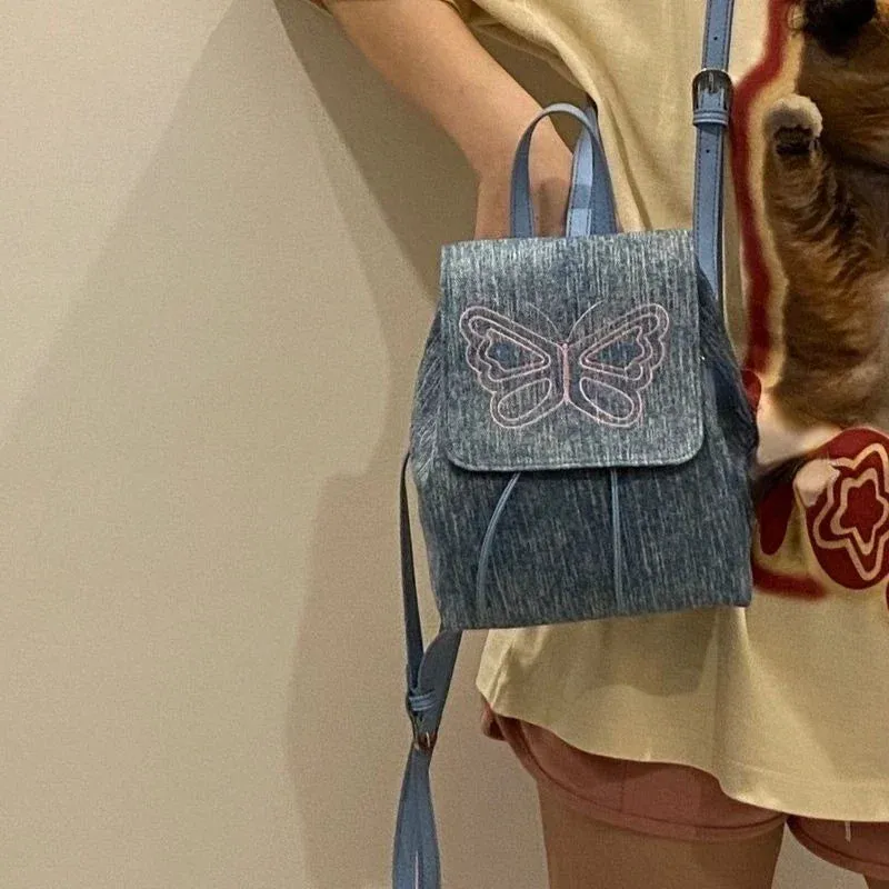 UAKISS  -  Denim Butterfly Y2k Aesthetic Backpack Vintage Japanese Preppy Sweet Schoolbags Women Students Casual Kawaii All Match Backpacks