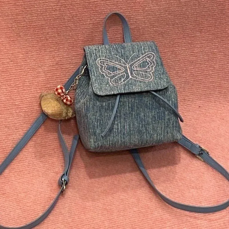 UAKISS  -  Denim Butterfly Y2k Aesthetic Backpack Vintage Japanese Preppy Sweet Schoolbags Women Students Casual Kawaii All Match Backpacks