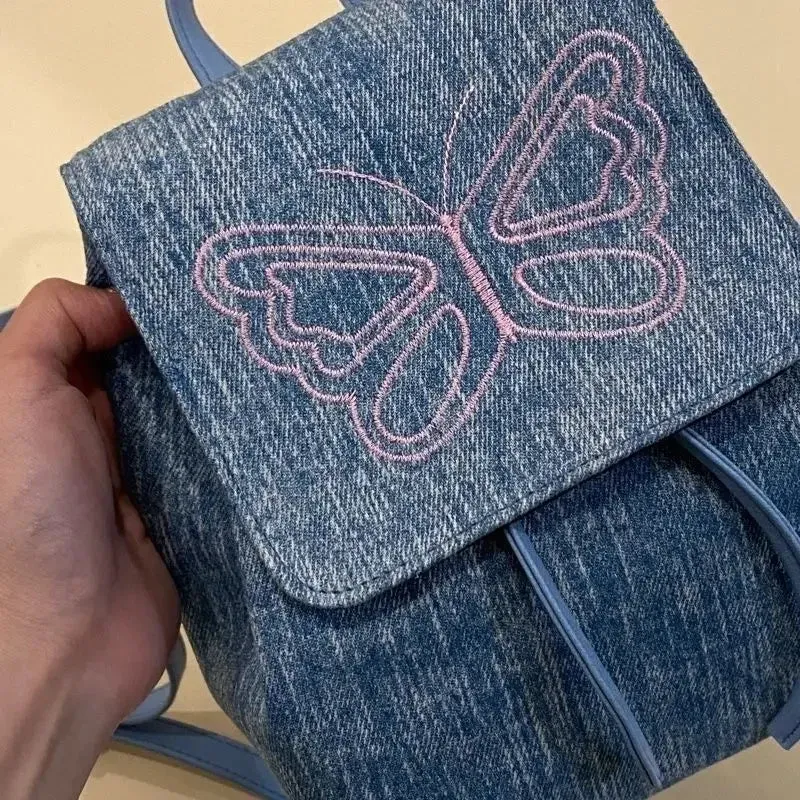 UAKISS  -  Denim Butterfly Y2k Aesthetic Backpack Vintage Japanese Preppy Sweet Schoolbags Women Students Casual Kawaii All Match Backpacks