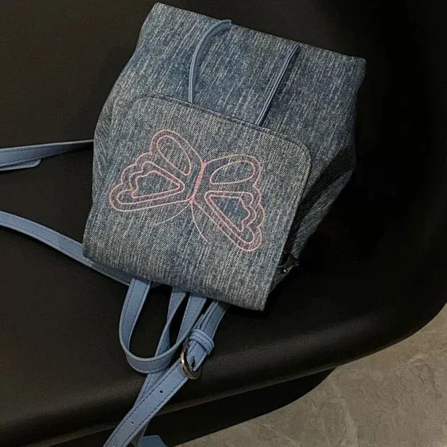 UAKISS  -  Denim Butterfly Y2k Aesthetic Backpack Vintage Japanese Preppy Sweet Schoolbags Women Students Casual Kawaii All Match Backpacks